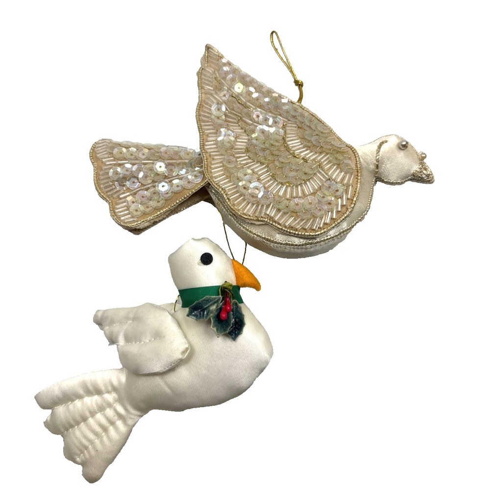 Vtg Pair Of 2 Christmas‎ Dove Ornaments Beaded Sequin MCM